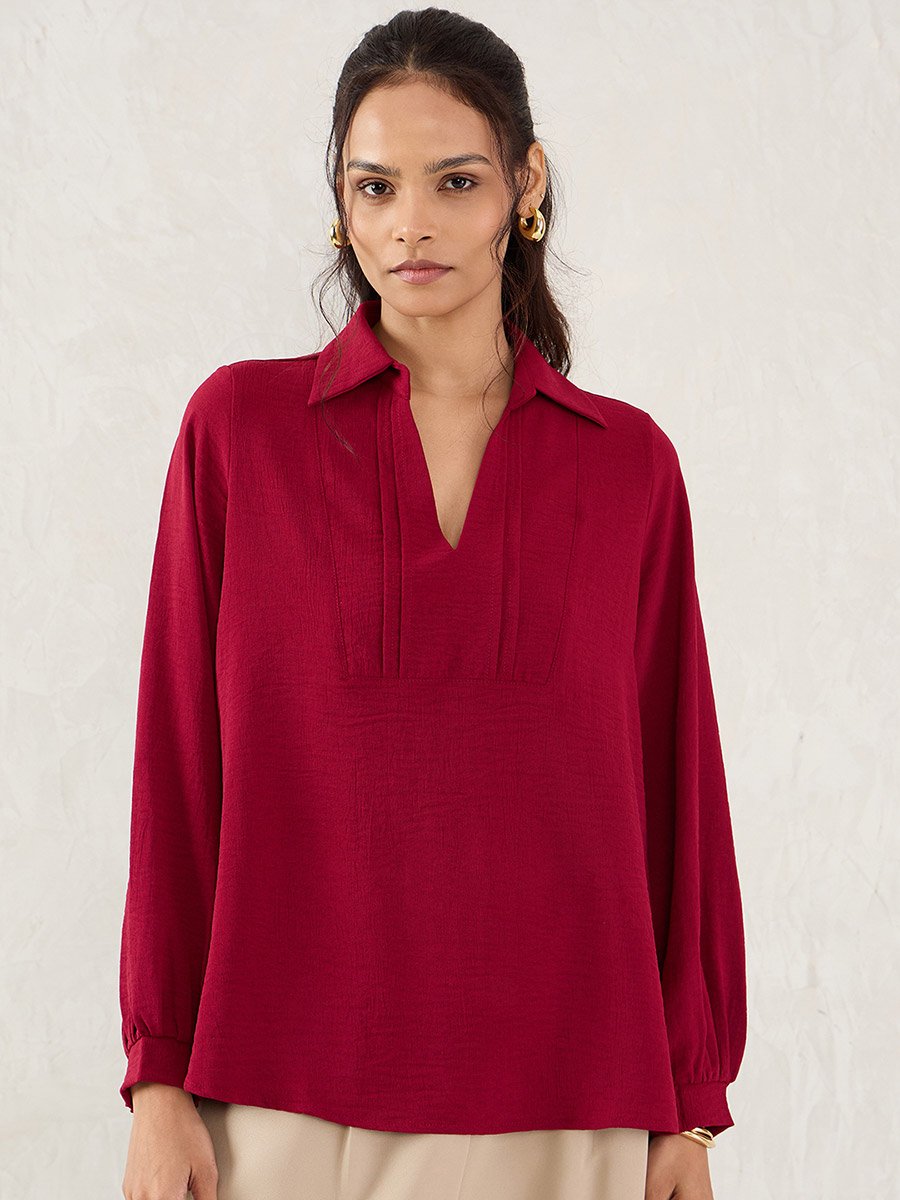 Maroon Collared Top with 3/4 Sleeves