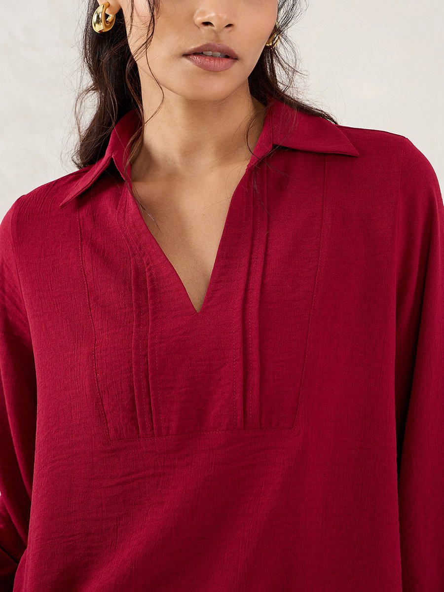 Maroon Collared Top with 3/4 Sleeves