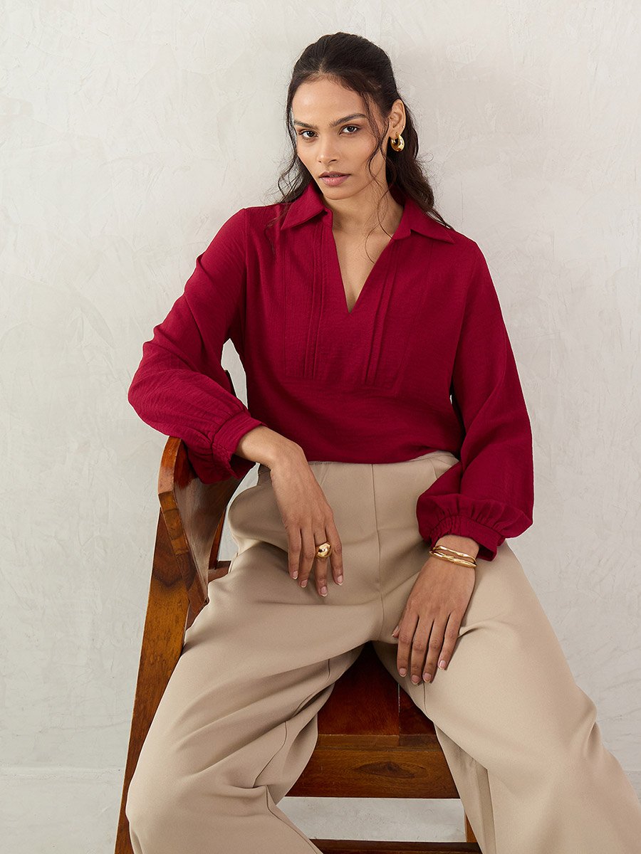 Maroon Collared Top with 3/4 Sleeves