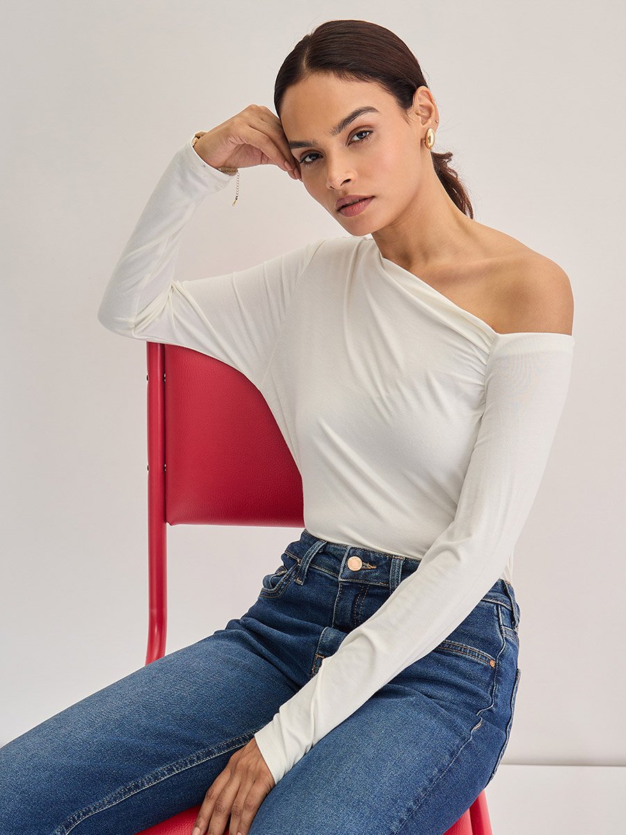White Knit One-Shoulder Top