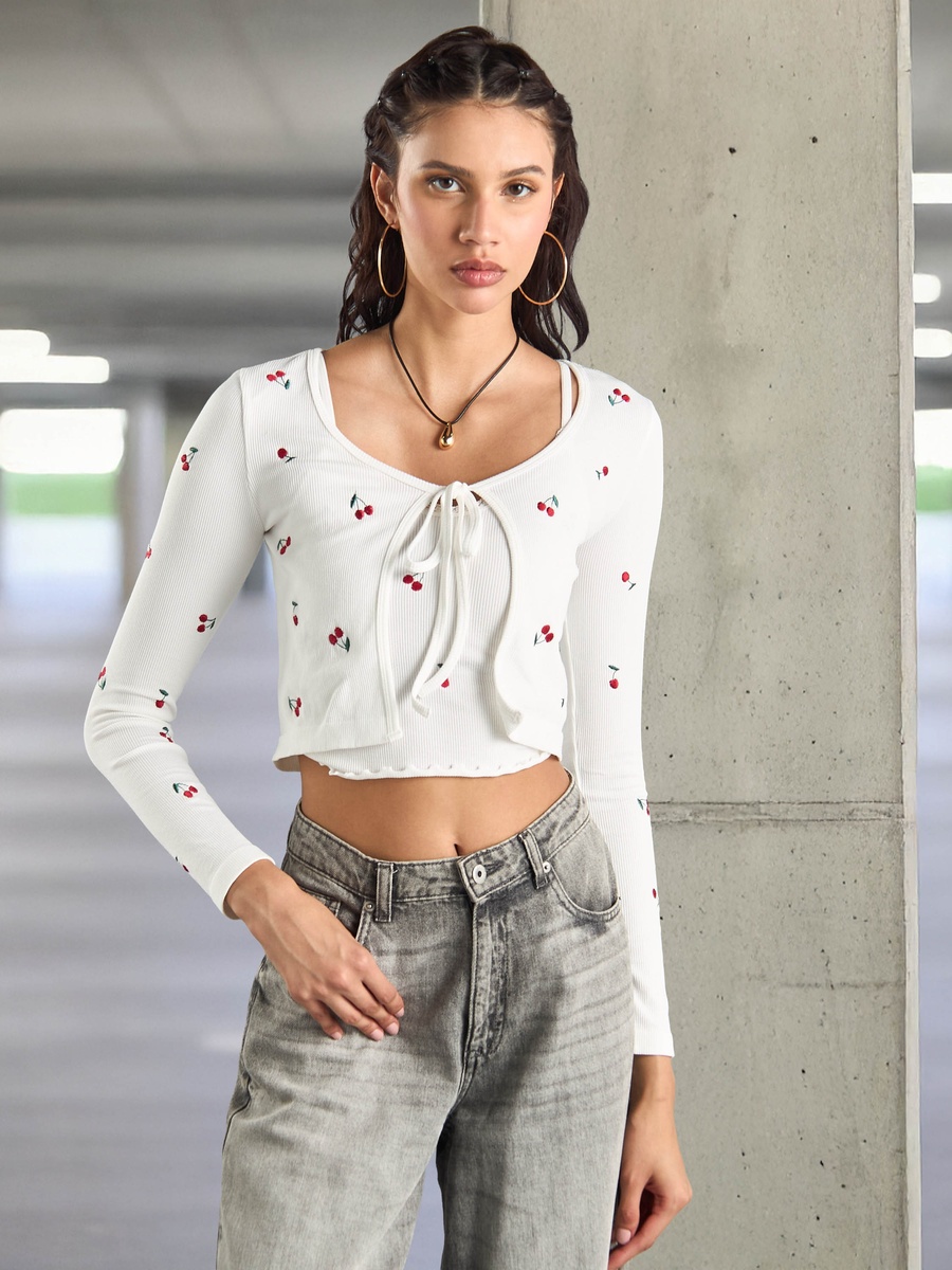 Cherry Embroidered Top with Tie-Up Detail