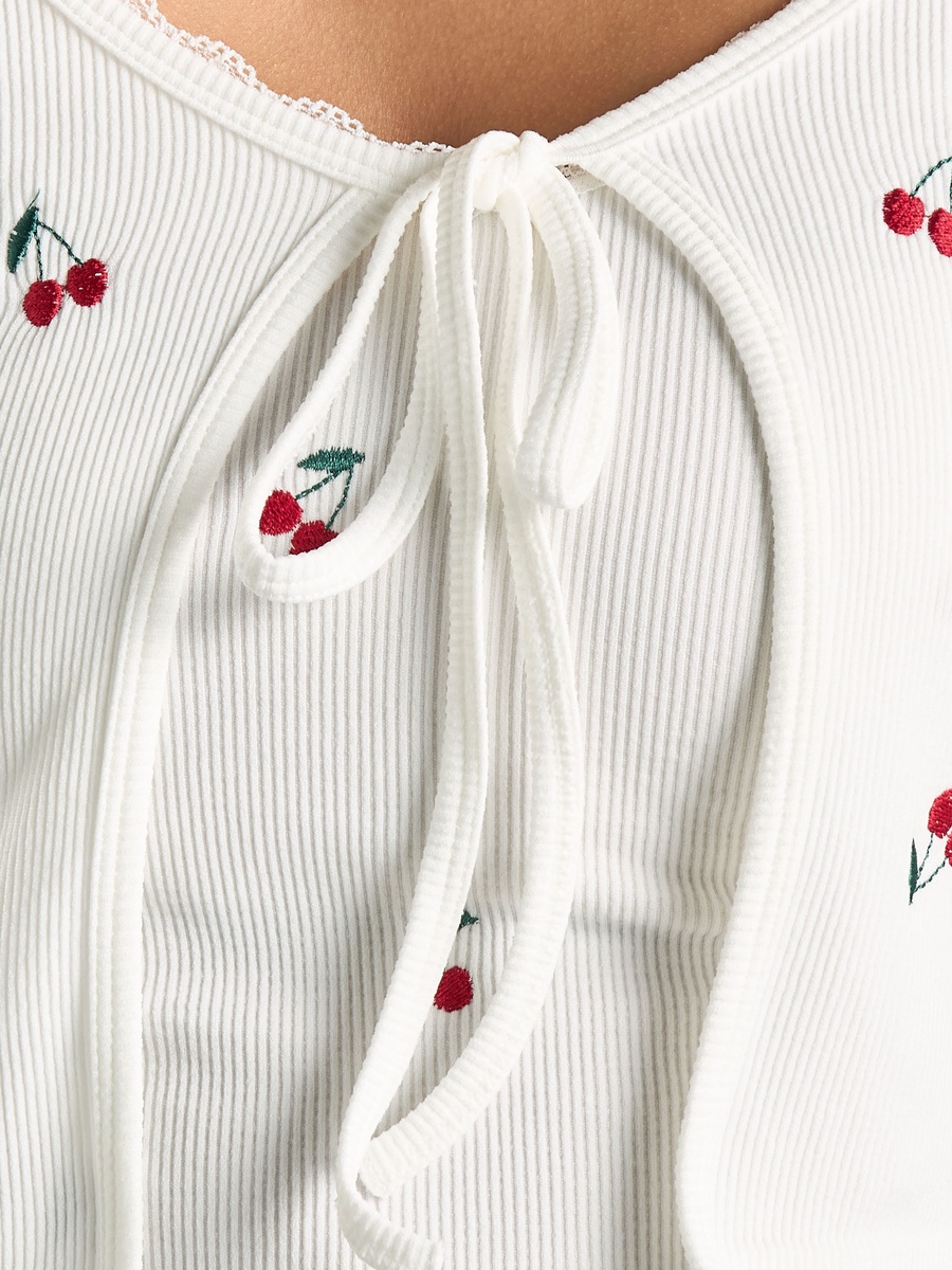 Cherry Embroidered Top with Tie-Up Detail