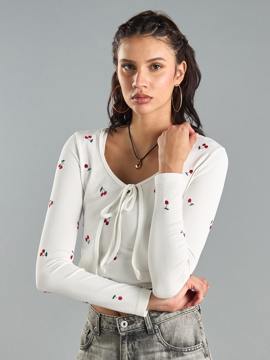 Cherry Embroidered Top with Tie-Up Detail