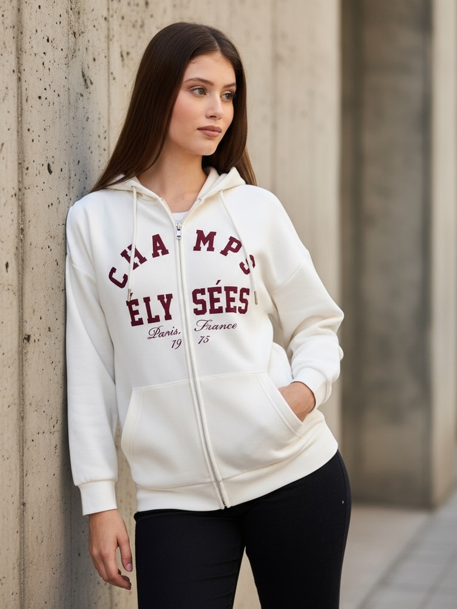 White Slogan Printed Zip Front Hoodie