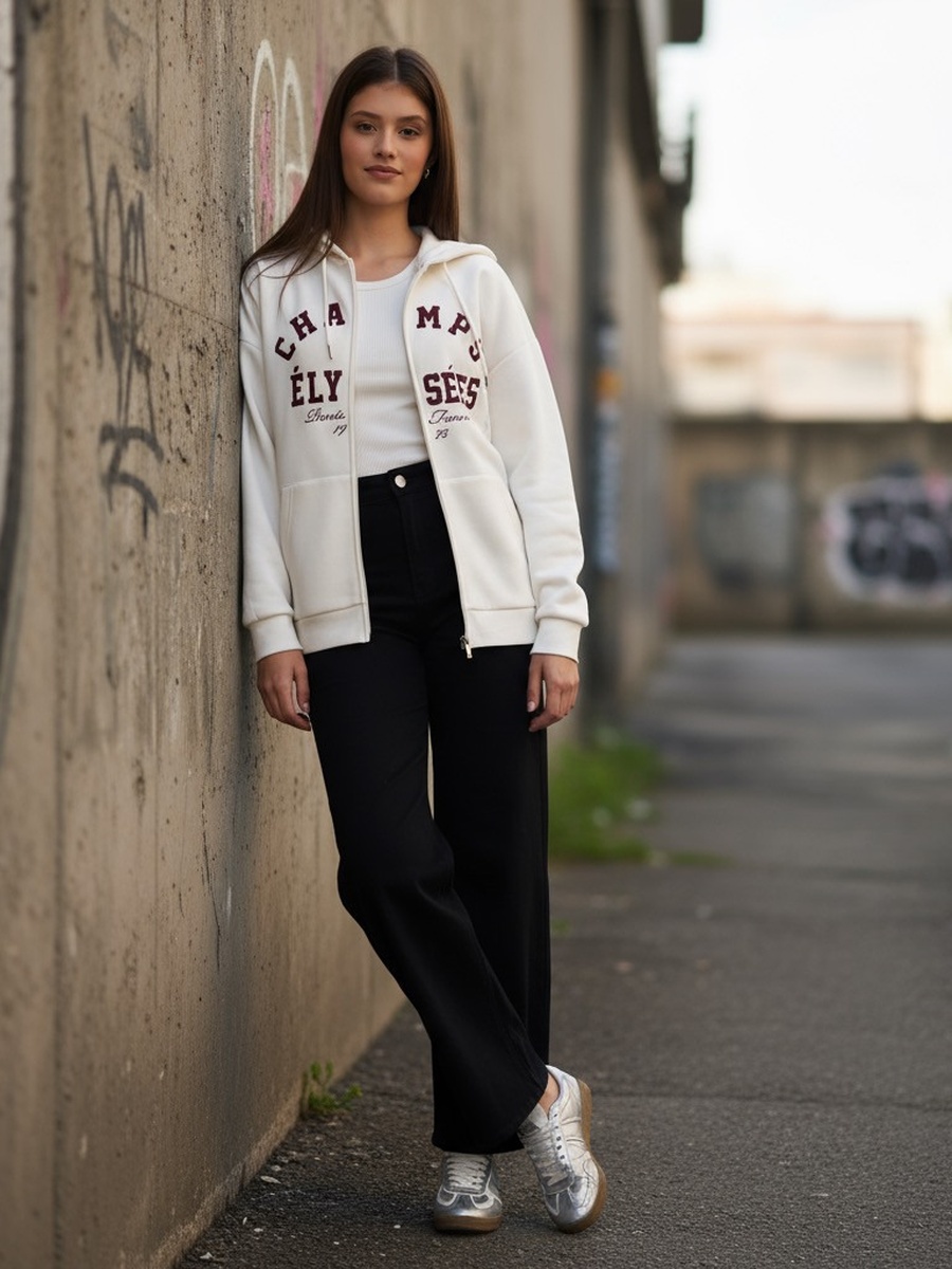White Slogan Printed Zip Front Hoodie