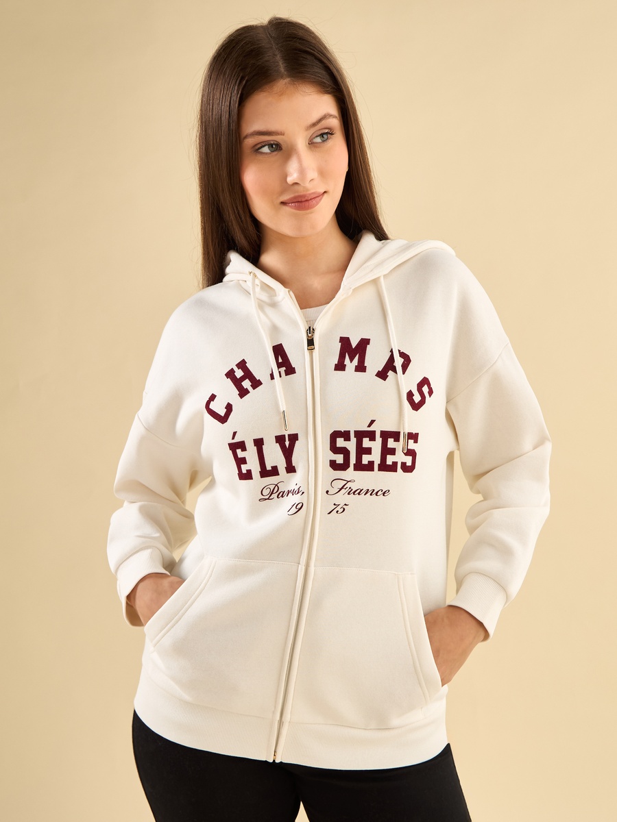 White Slogan Printed Zip Front Hoodie