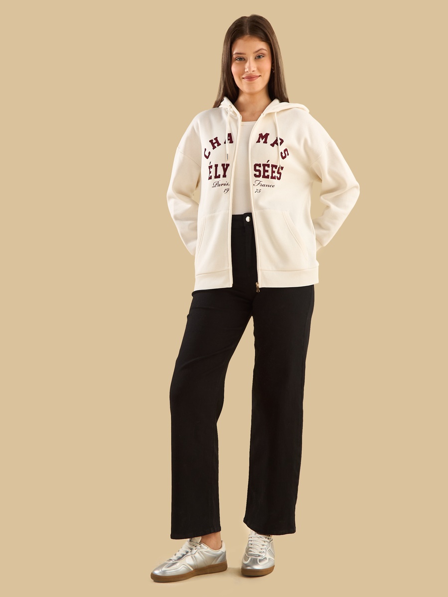 White Slogan Printed Zip Front Hoodie