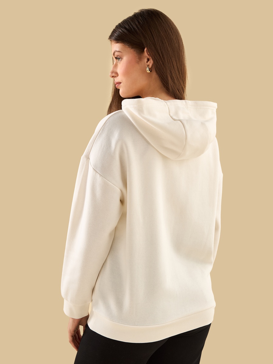 White Slogan Printed Zip Front Hoodie