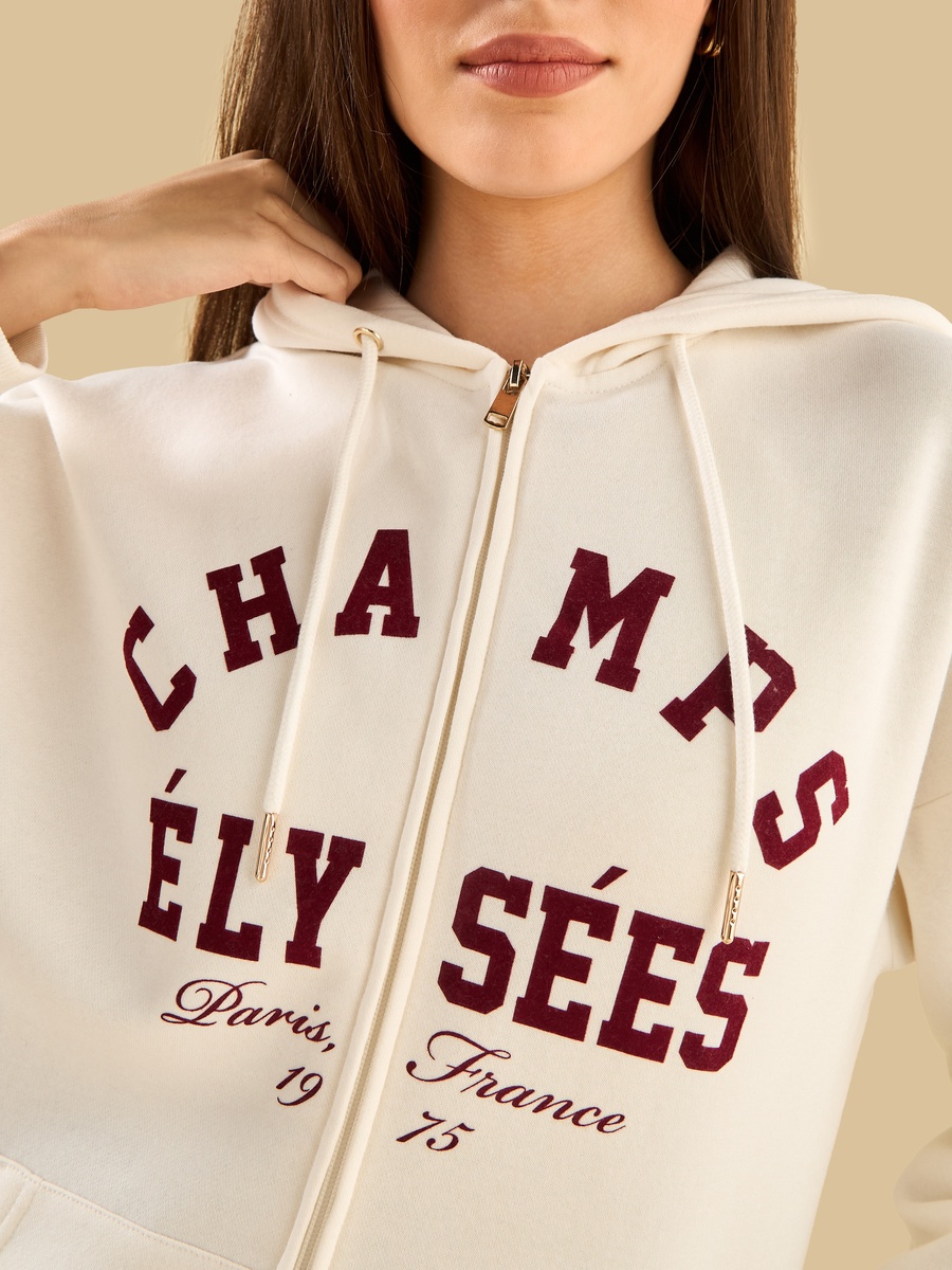 White Slogan Printed Zip Front Hoodie