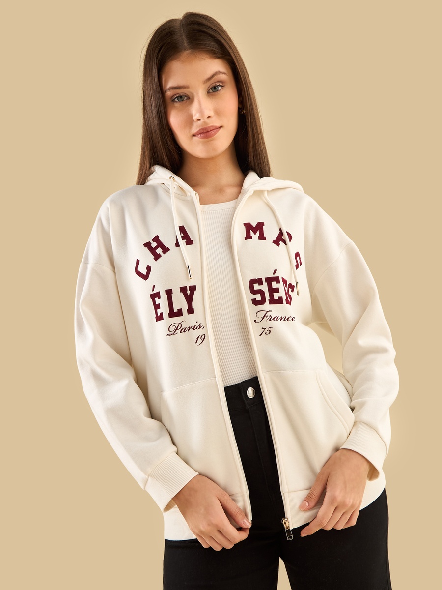 White Slogan Printed Zip Front Hoodie