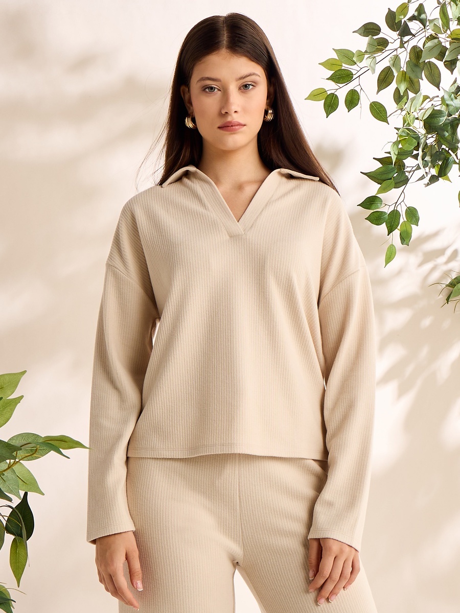 Ribbed Collared Top with Drop Shoulder