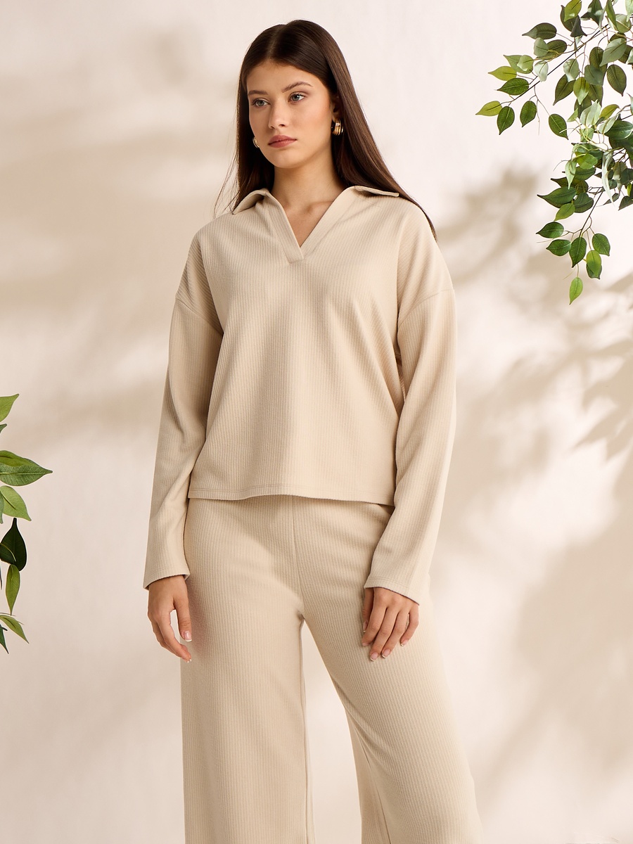 Ribbed Collared Top with Drop Shoulder
