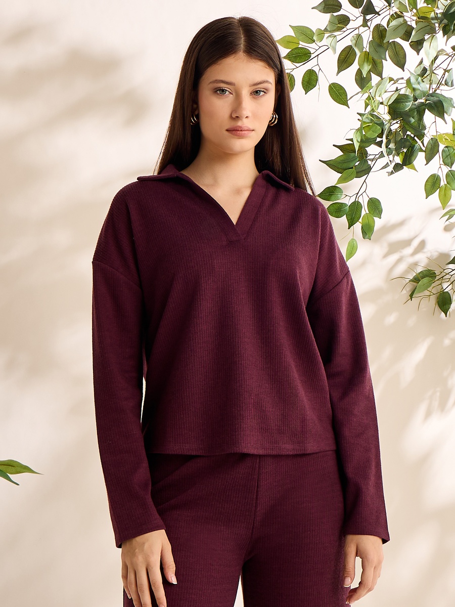 Ribbed Collared Top with Drop Shoulder