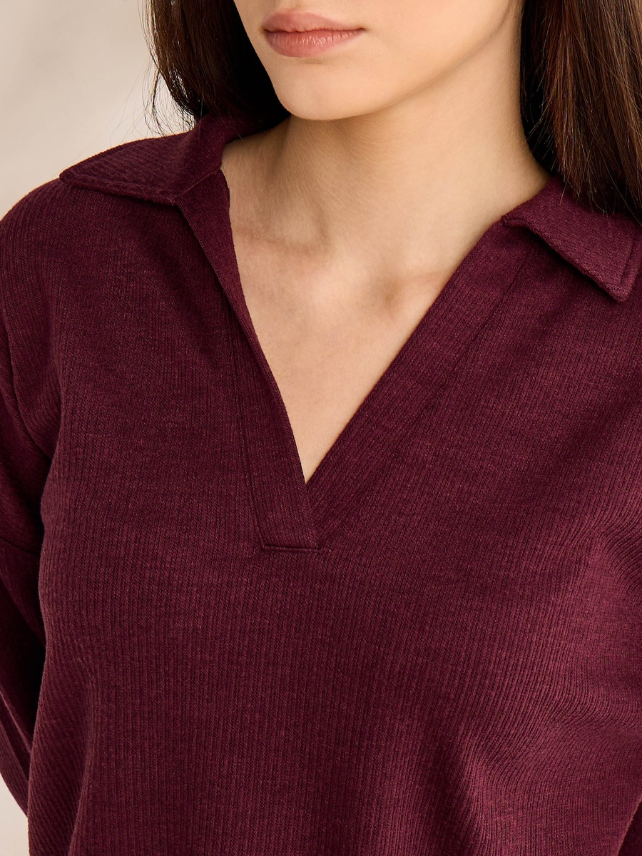 Ribbed Collared Top with Drop Shoulder