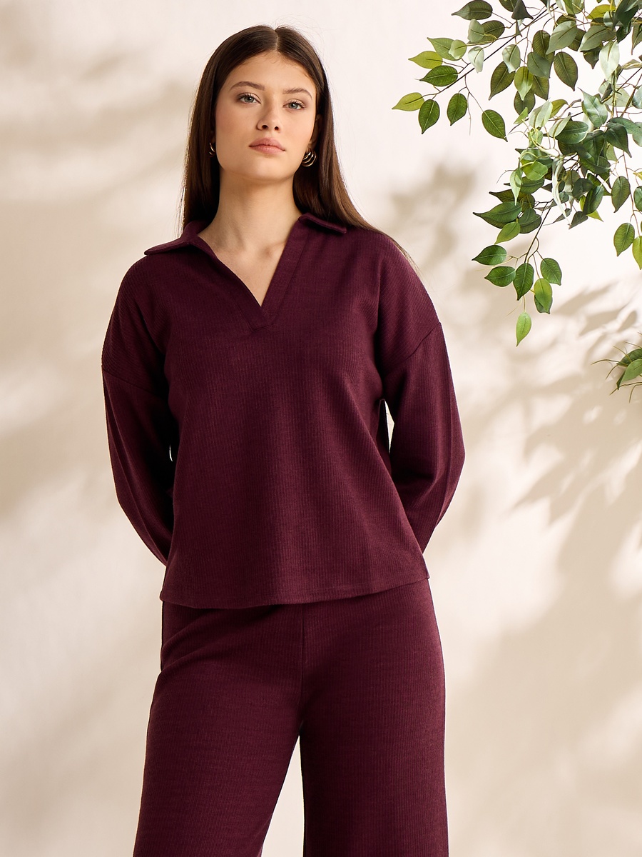 Ribbed Collared Top with Drop Shoulder