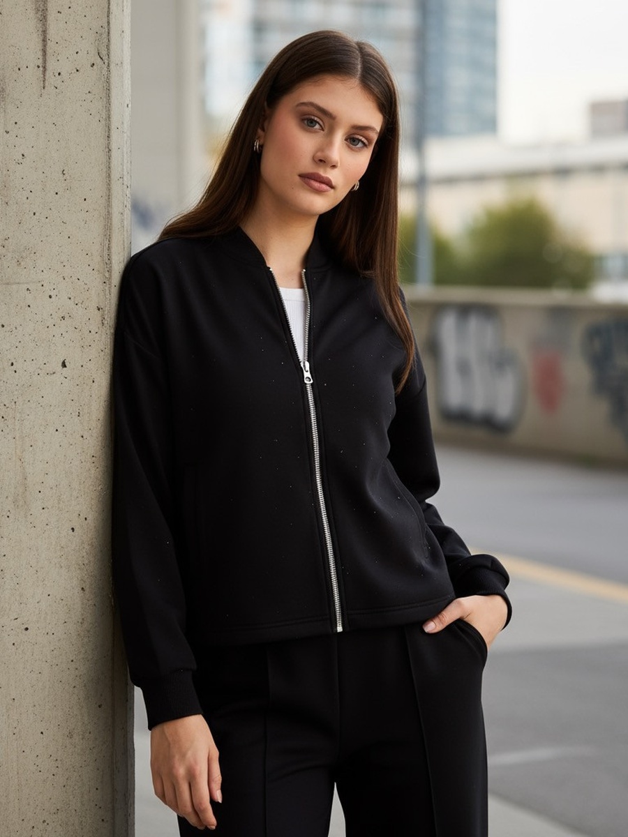 Black Rhinestones Embellished Bomber Jacket