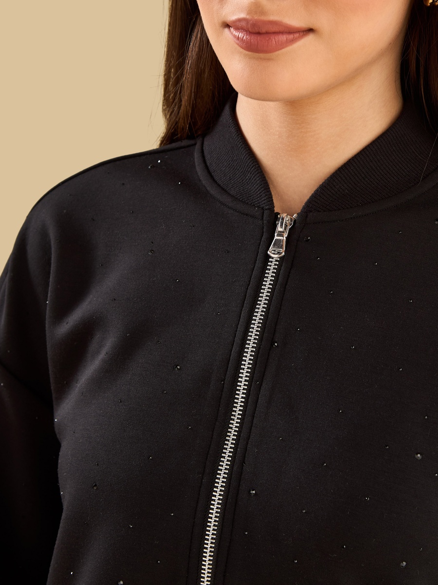 Black Rhinestones Embellished Bomber Jacket