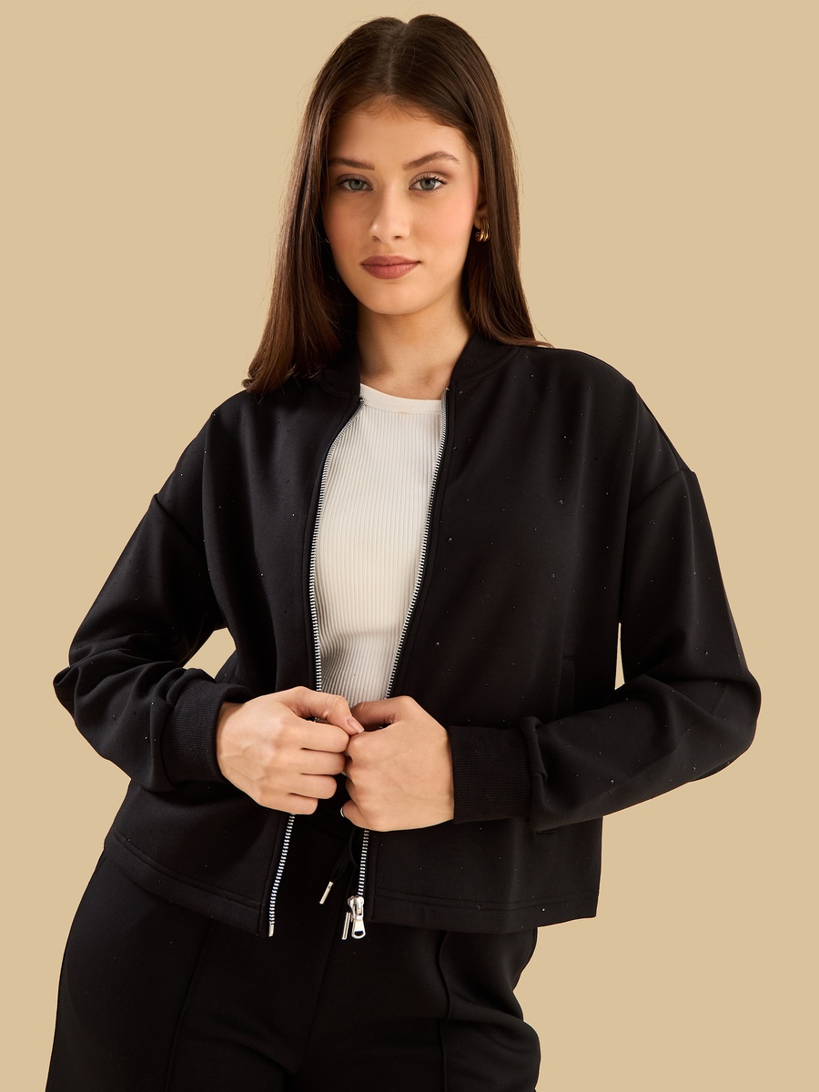 Black Rhinestones Embellished Bomber Jacket