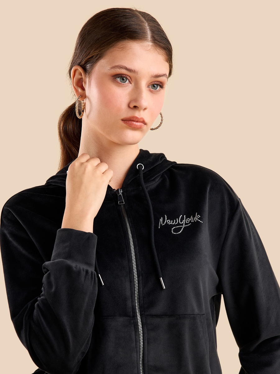 Embellished Velour Zip Through Hoodie
