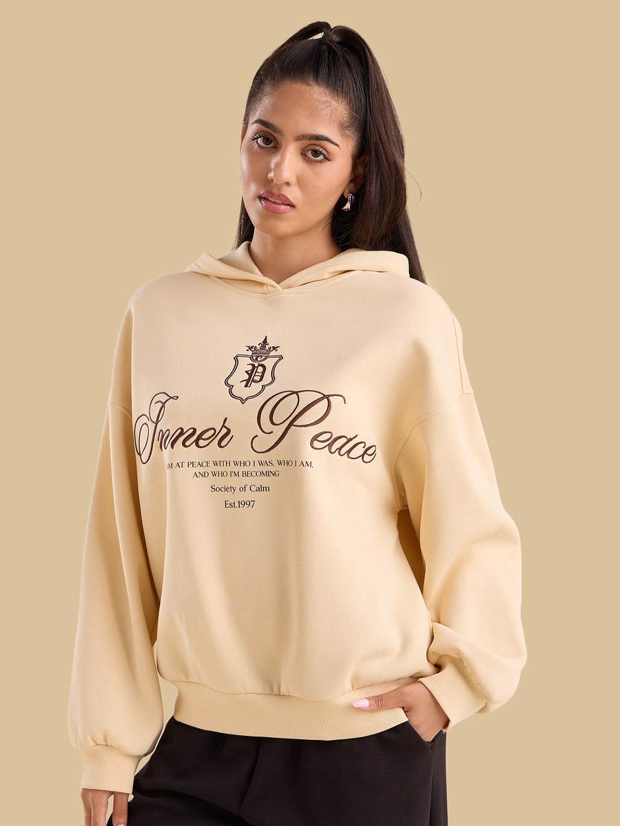 Slogan Embroidered Hooded Sweatshirt