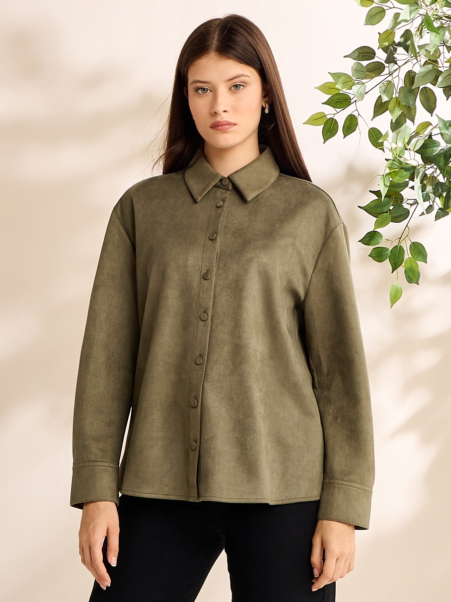 Plain Oversized Suede Shirt For Women at UAE | Styli