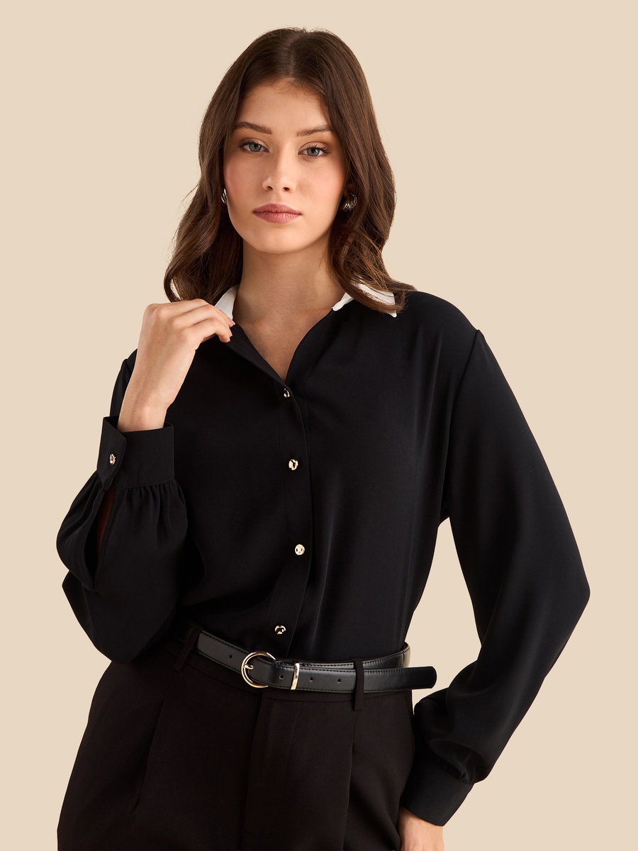 Contrast Collar Crepe Shirt