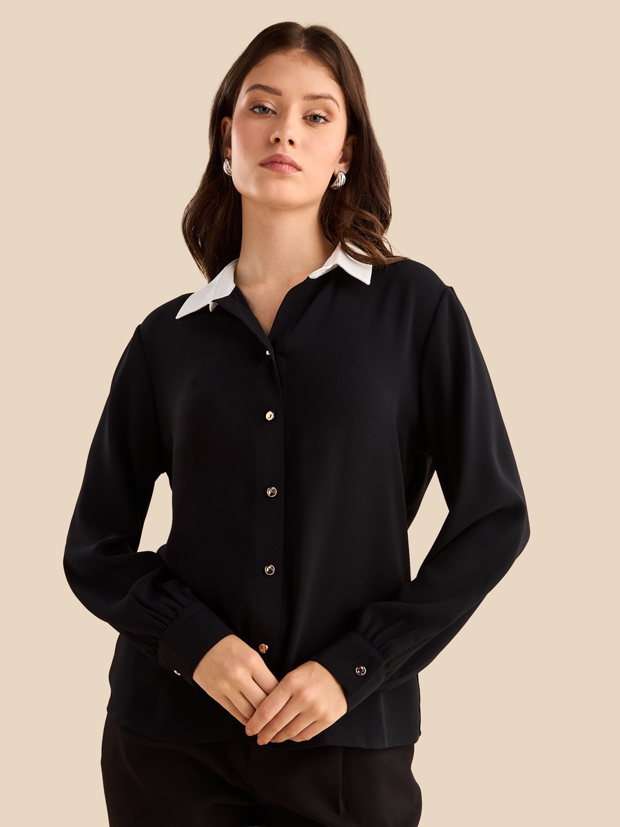Contrast Collar Crepe Shirt
