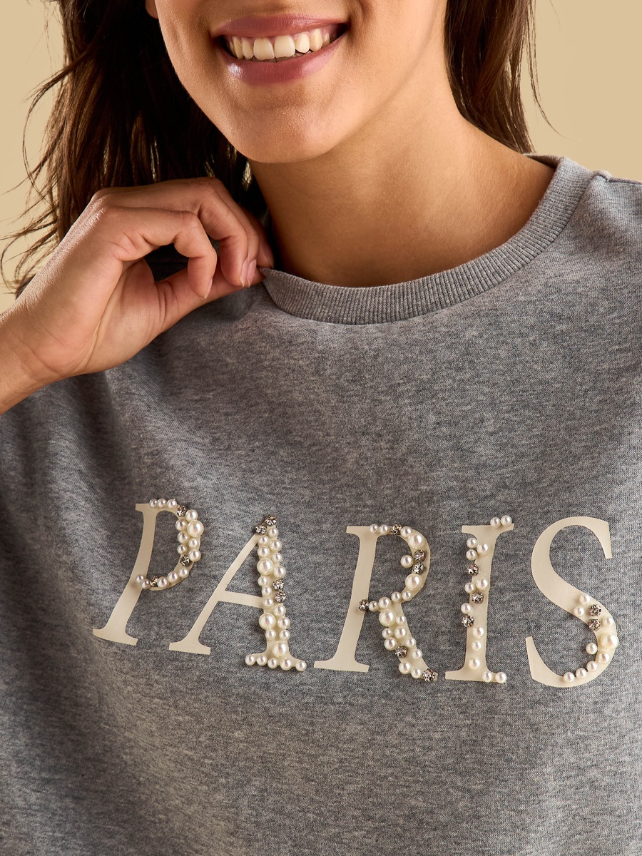 Grey Embellished Text Print Sweatshirt