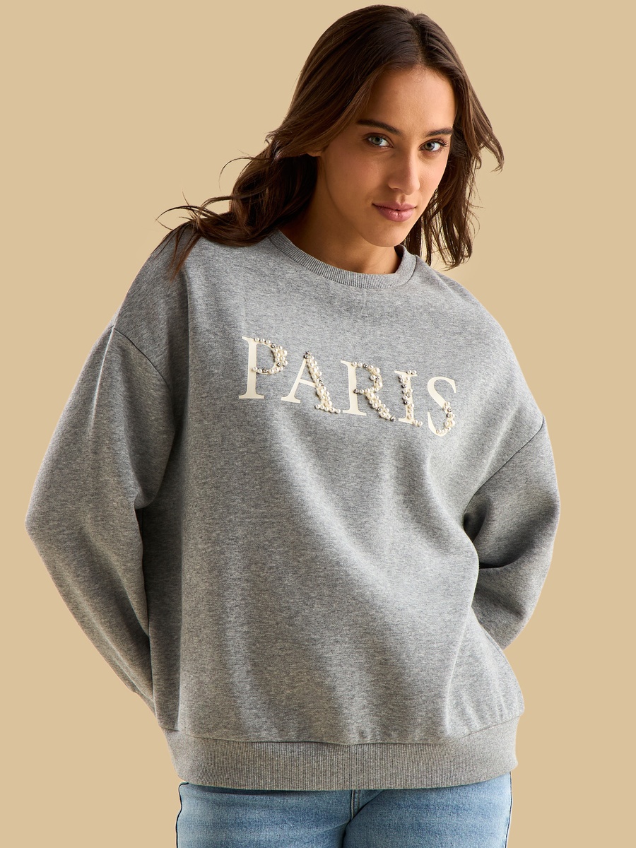 Grey Embellished Text Print Sweatshirt