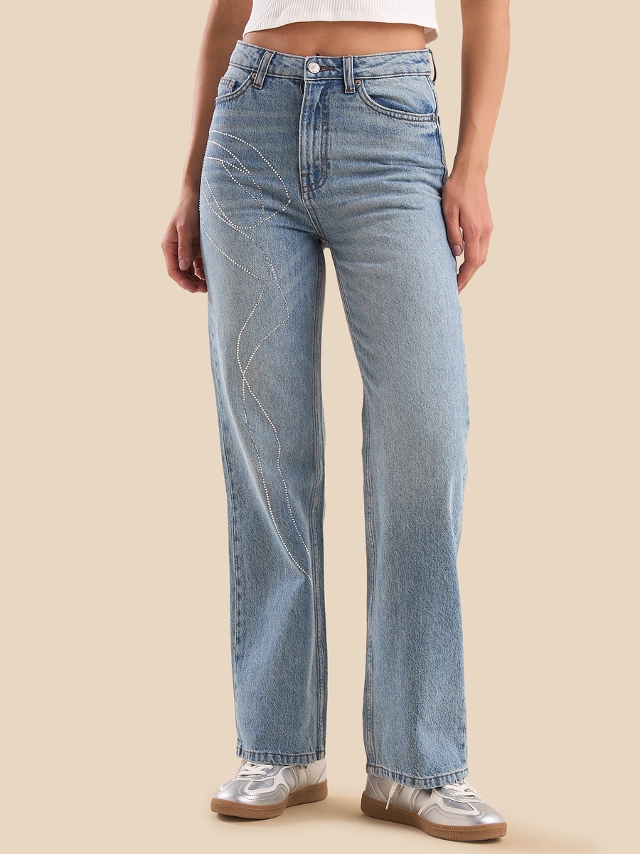 Bow Embellished Straight Fit Jeans