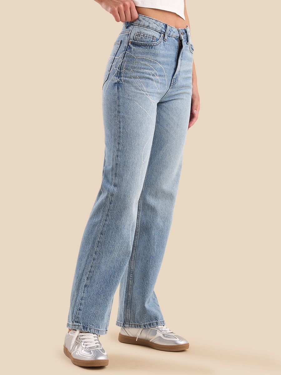 Bow Embellished Straight Fit Jeans