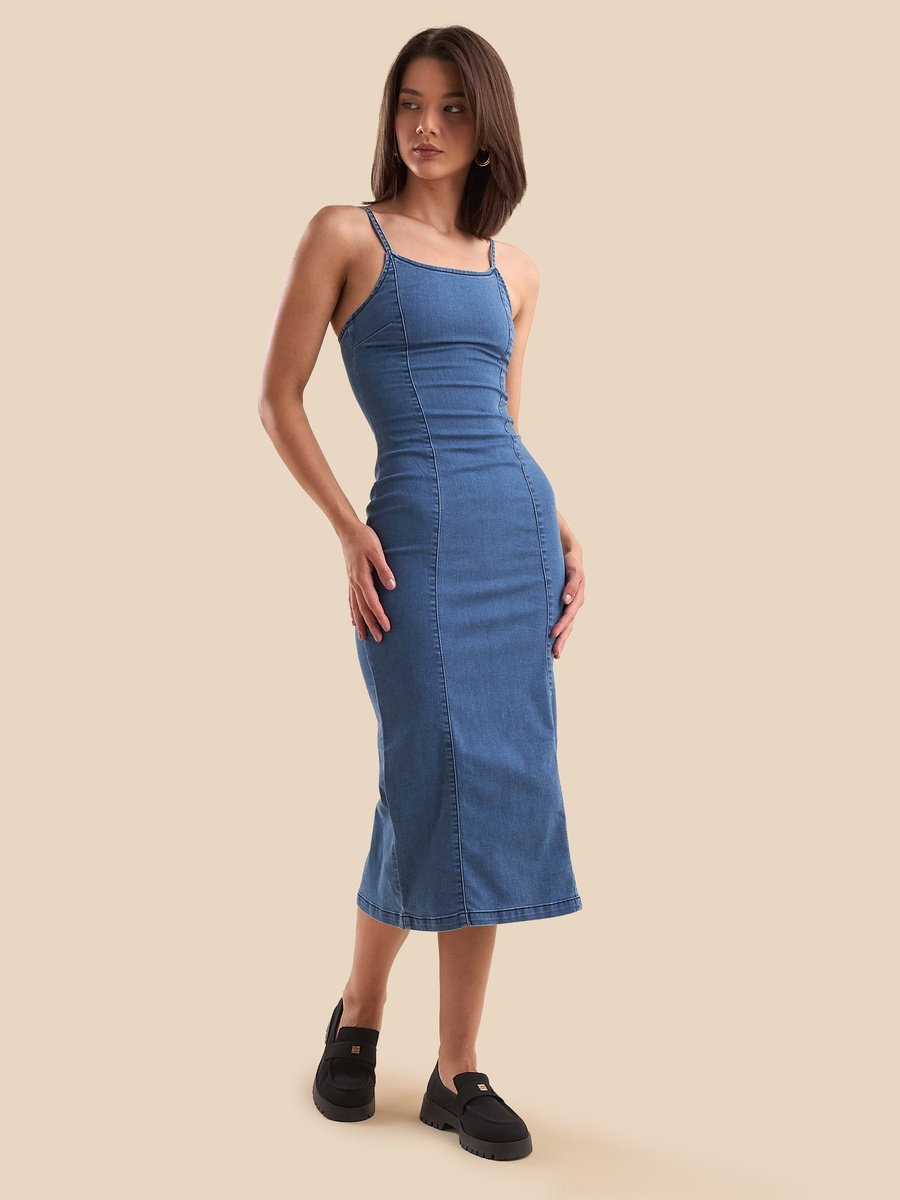 Plain Bodycon Sleeveless Denim Dress