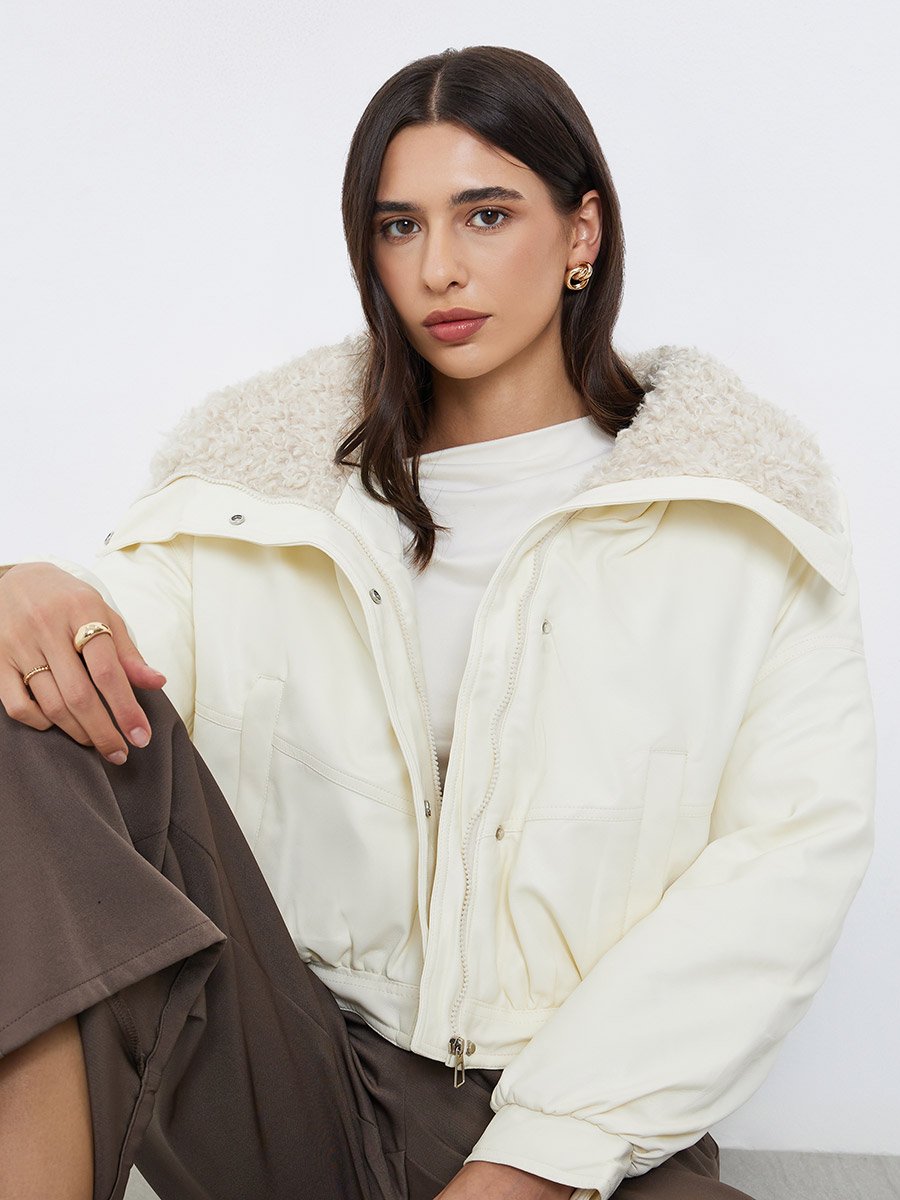 Off White Regular Fit Bomber Jacket with Faux Fur Lining