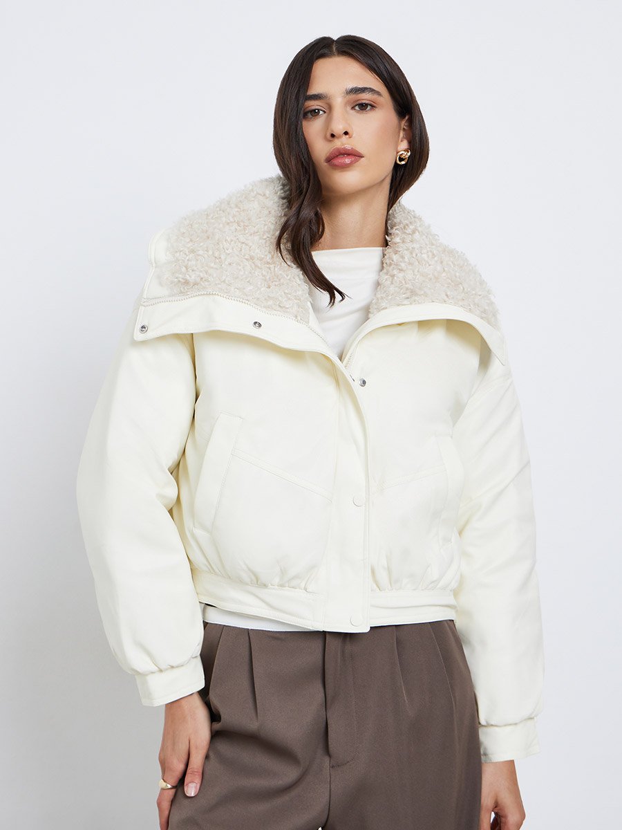 Off White Regular Fit Bomber Jacket with Faux Fur Lining
