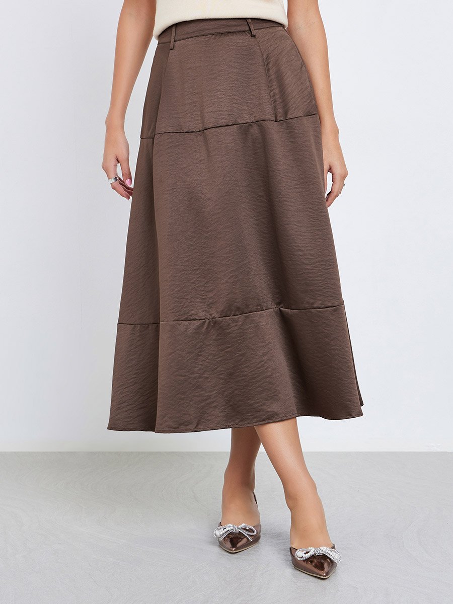 Women Solid High Rise Tiered Midi Skirt