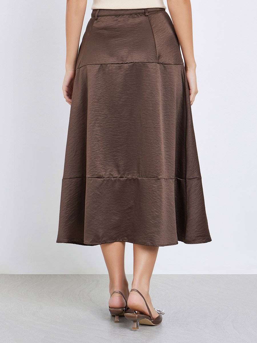 Women Solid High Rise Tiered Midi Skirt