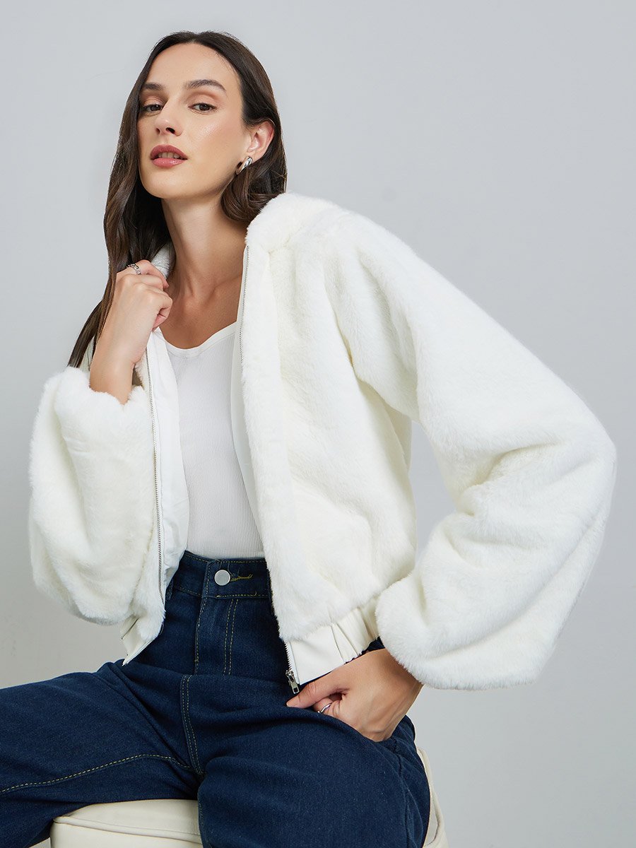 White Faux Fur Zip-Up Hooded Jacket