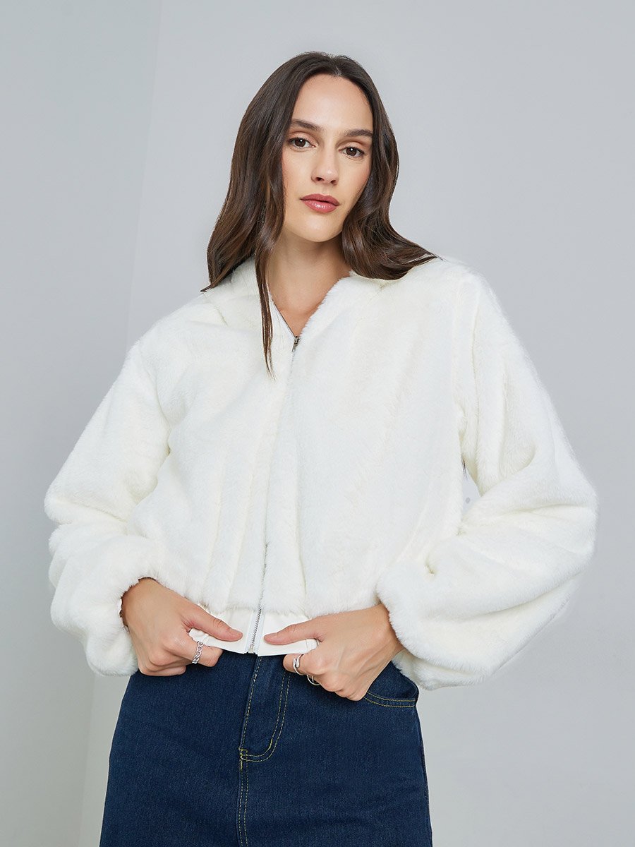 White Faux Fur Zip-Up Hooded Jacket