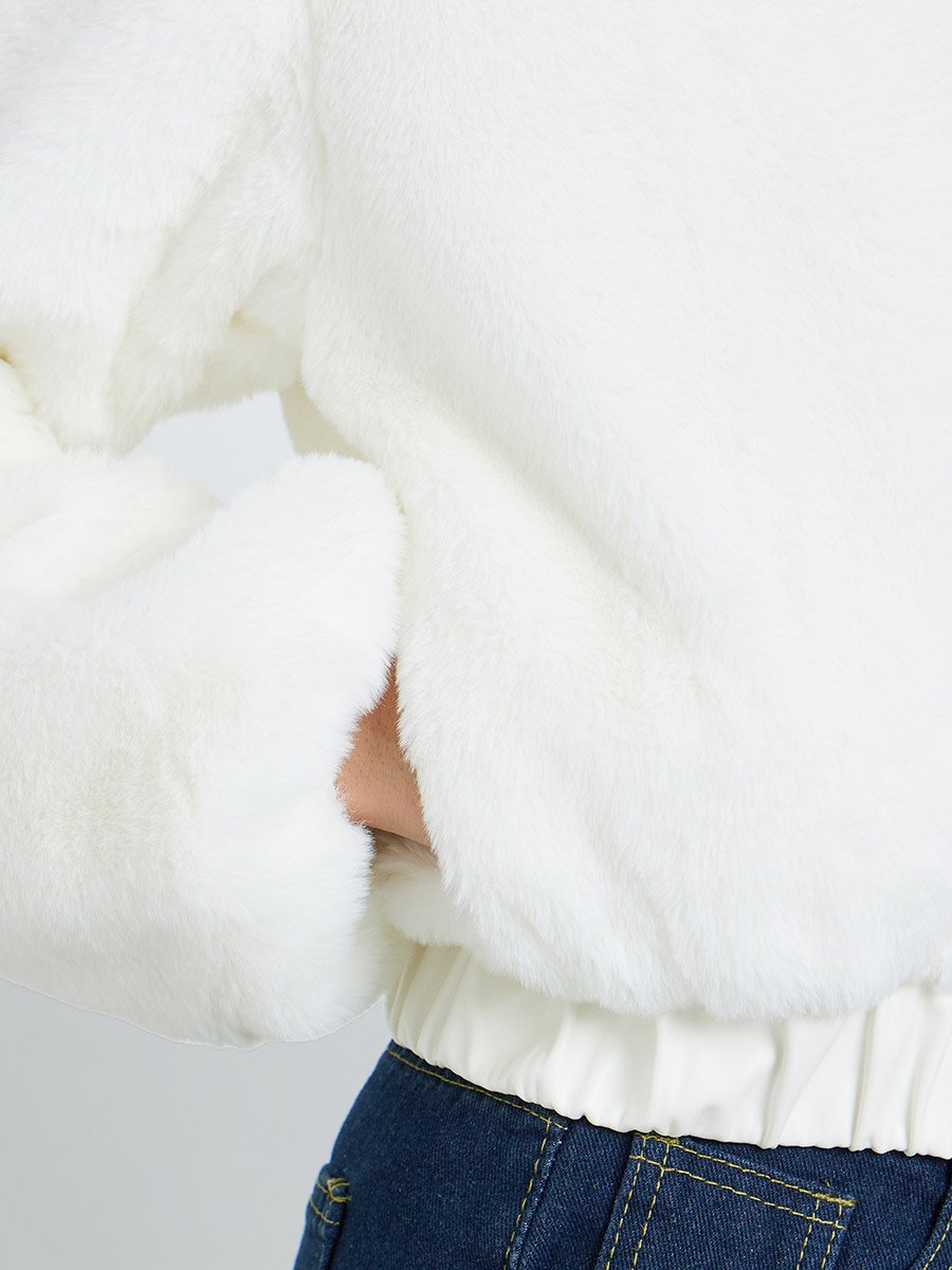 White Faux Fur Zip-Up Hooded Jacket
