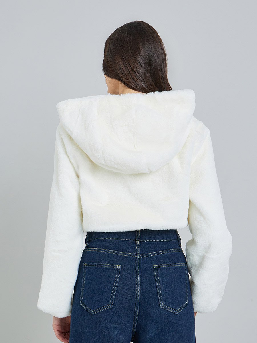 White Faux Fur Zip-Up Hooded Jacket