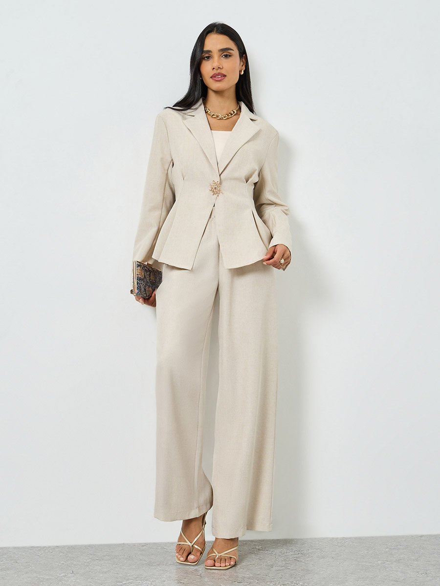Beige Notch Lapel Blazer and Wide Leg Pants Co-ords