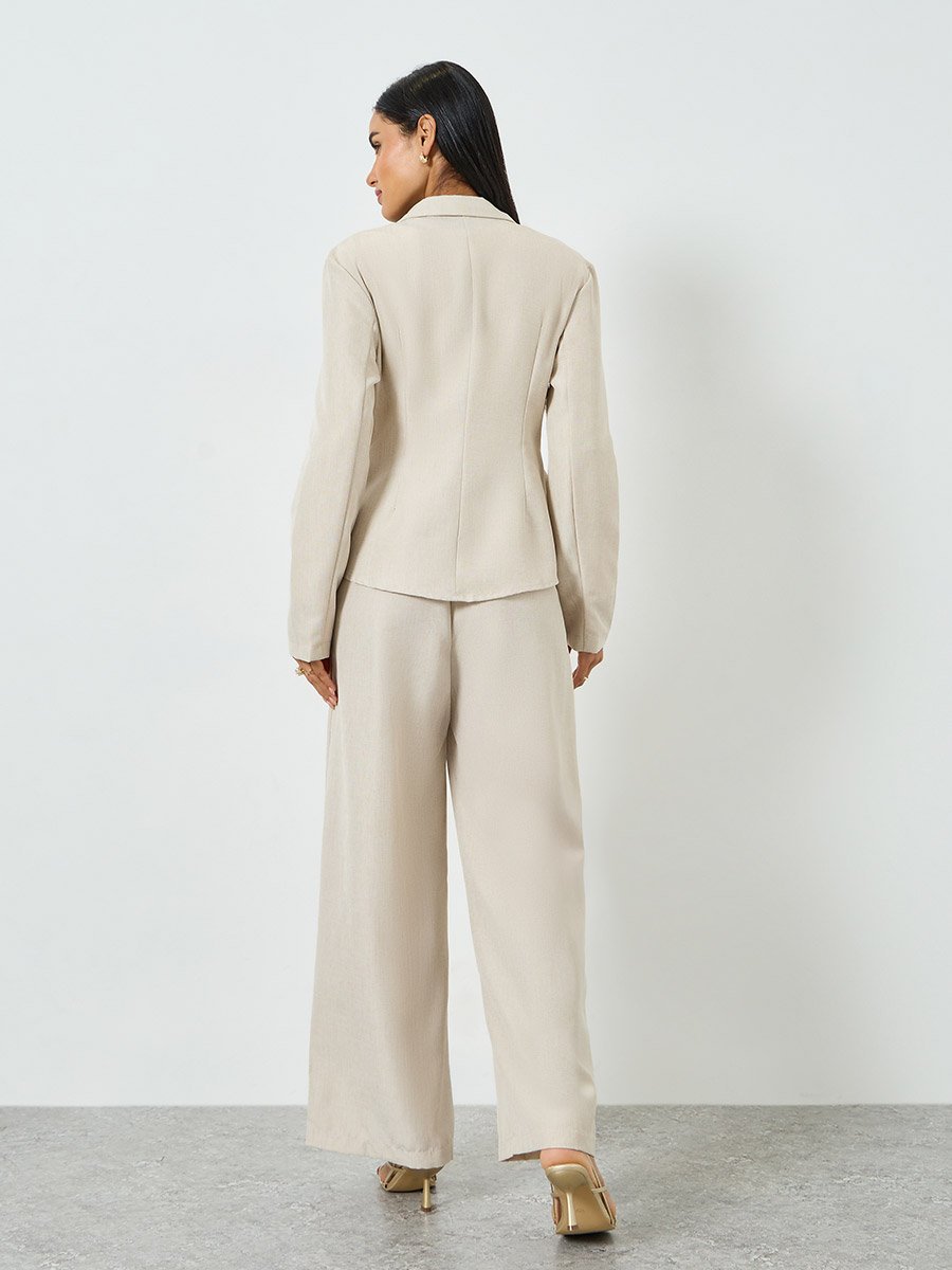 Beige Notch Lapel Blazer and Wide Leg Pants Co-ords