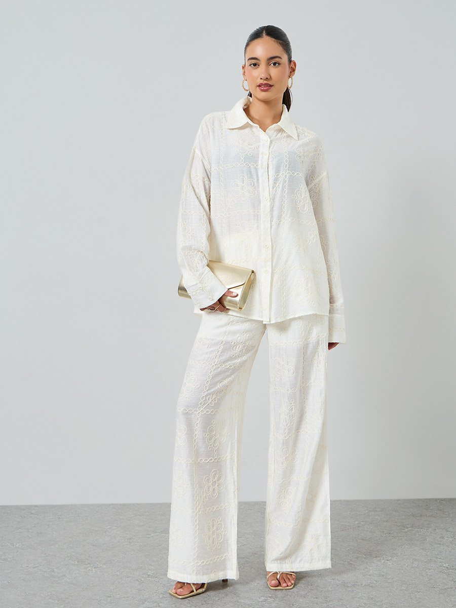 White Embroidered Shirt and Trousers Co-Ords