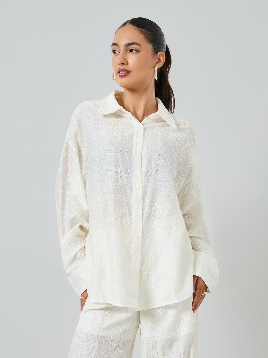 White Embroidered Shirt and Trousers Co-Ords