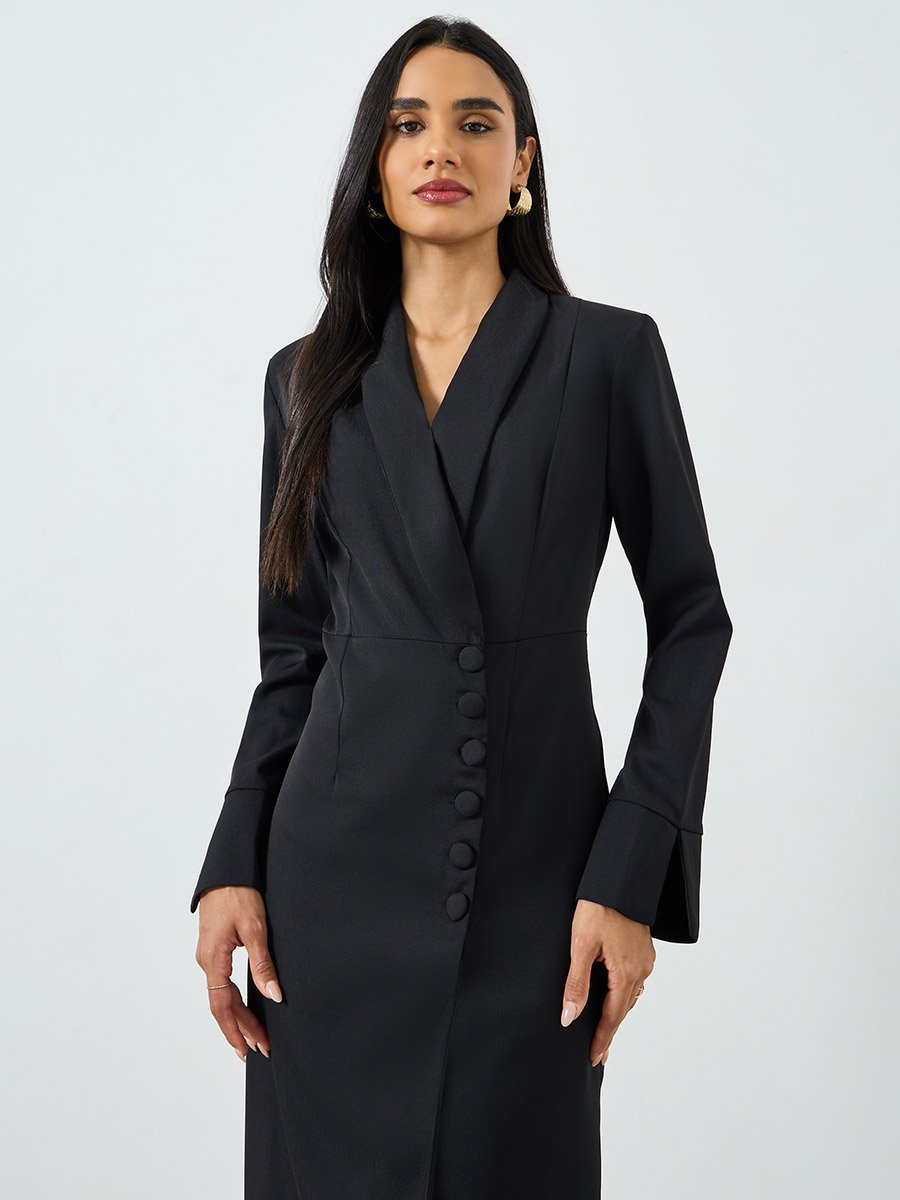 Black Twill Maxi Dress with Button Detail