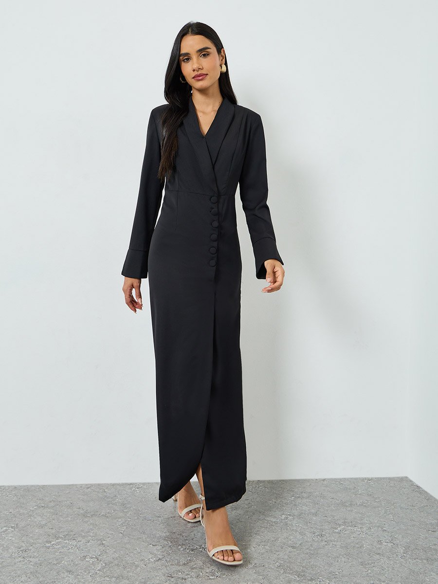 Black Twill Maxi Dress with Button Detail
