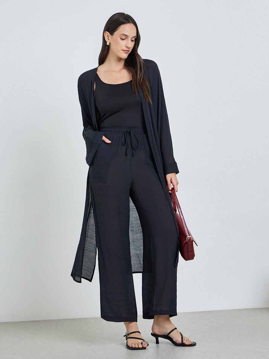 Black Open Front Kimono and Solid Pants Co-Ords