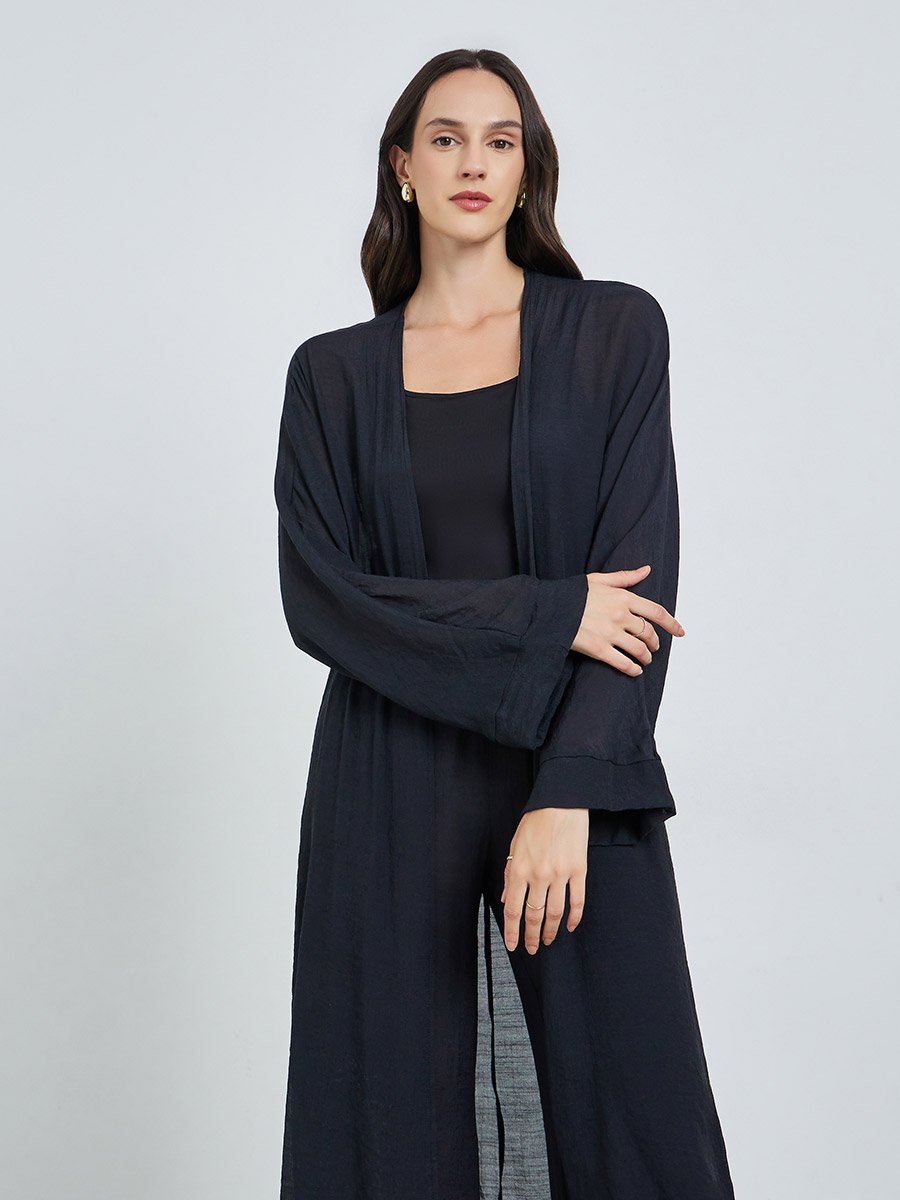 Black Open Front Kimono and Solid Pants Co-Ords