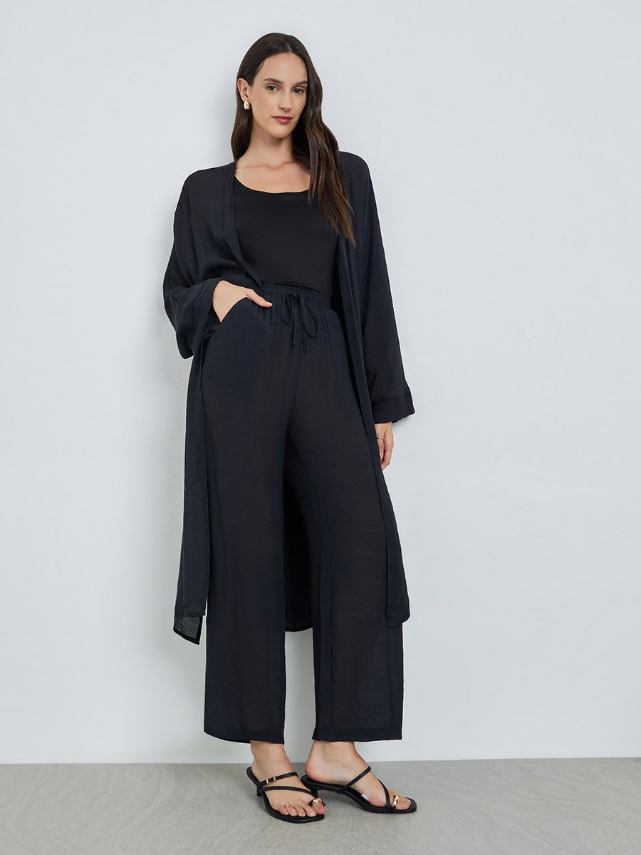 Black Open Front Kimono and Solid Pants Co-Ords