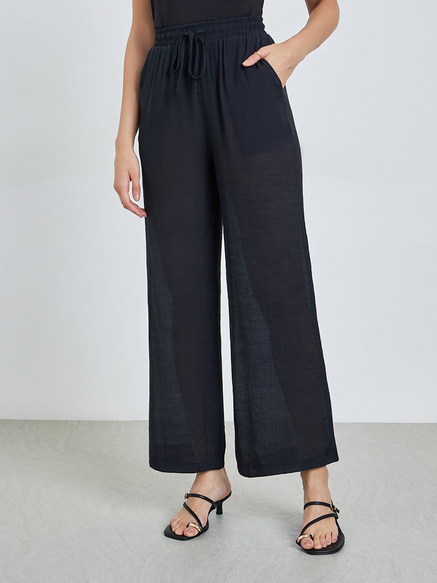 Black Open Front Kimono and Solid Pants Co-Ords